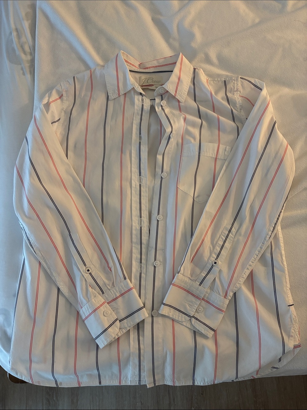 J. Crew White Button-Down Shirt with Red and Navy Stripes